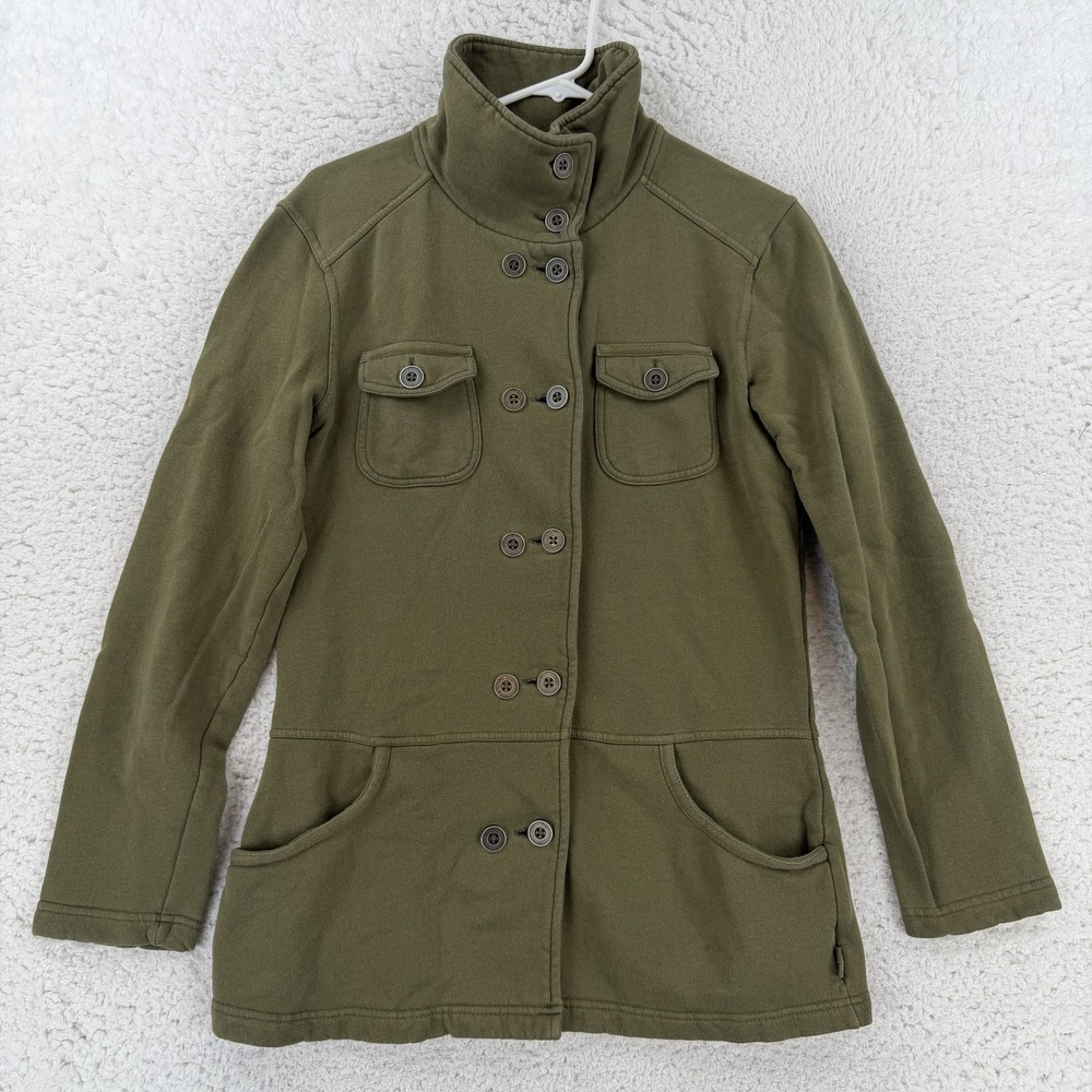 PrAna Jacket Womens Large Green Cotton Fleece Button Front Military Pockets